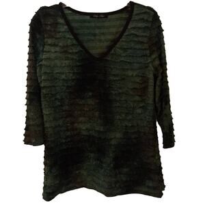 Only Nine Women's Large Ruffled V Neck 3/4 Sleeves Green & Brown Top